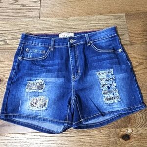 Lucky & Blessed Denim Blue Distressed W  Silver Sequins Women Shorts Size14 NWOT